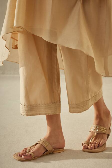 Shop Sureena Chowdhri Beige Organza, Silk Chanderi Zari Work V Neck Flared Kurta Set Online at Aza Fashions Shop_Sureena Chowdhri_Beige Organza, Silk Chanderi Zari Work V Neck Flared Kurta Set_Online_at_Aza_Fashions