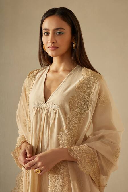 Sureena Chowdhri Beige Organza, Silk Chanderi Zari Work V Neck Flared Kurta Set at Aza Fashions Sureena Chowdhri_Beige Organza, Silk Chanderi Zari Work V Neck Flared Kurta Set_at_Aza_Fashions