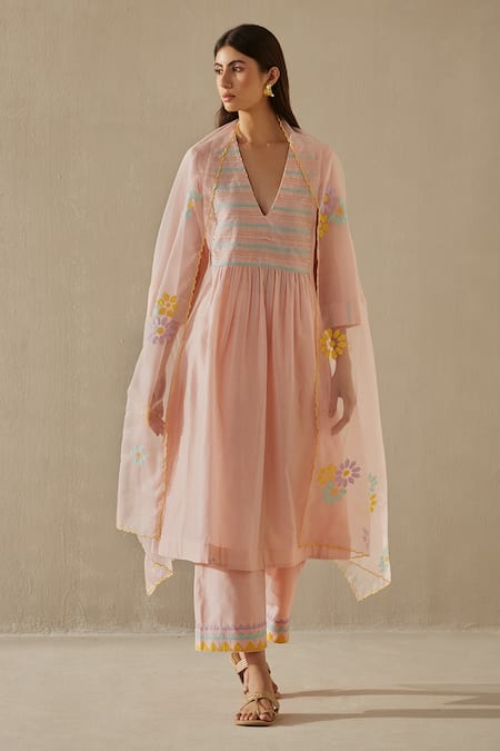 Sureena Chowdhri Peach Silk Chanderi Embroidered Applique V Neck Flared Kurta Set 