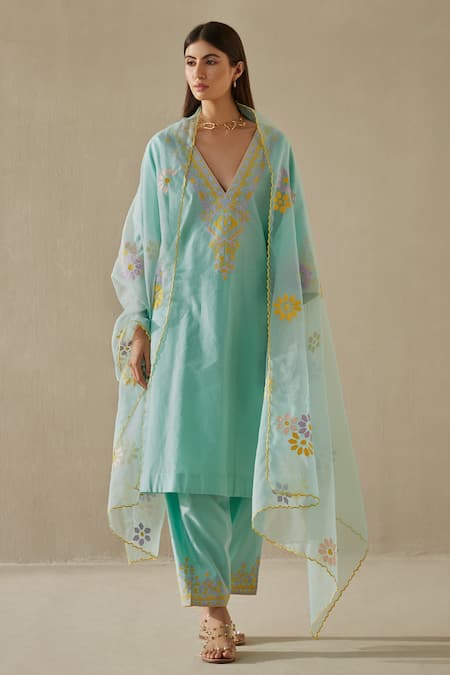 Sureena Chowdhri Silk Chanderi Flared Kurta Set 