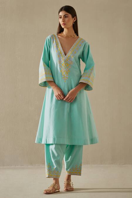 Shop_Sureena Chowdhri_Purple Organza, Silk Chanderi Thread Work Round Notched Flared Kurta Set _at_Aza_Fashions