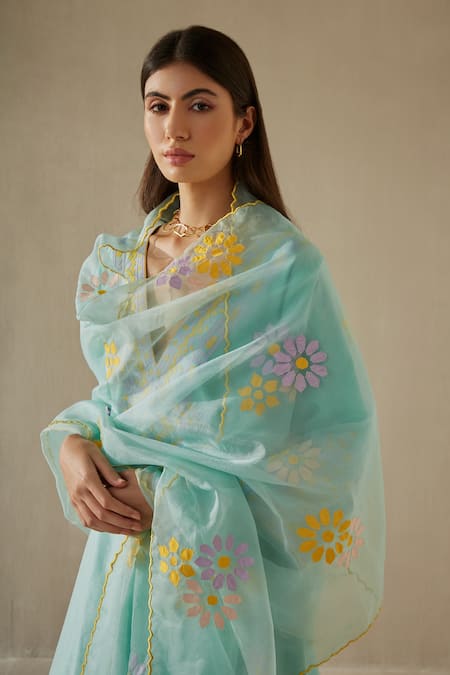 Shop_Sureena Chowdhri_Purple Organza, Silk Chanderi Thread Work Round Notched Flared Kurta Set _Online_at_Aza_Fashions