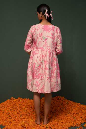 Chrkha Floral Print Chanderi Silk Dress For Kids