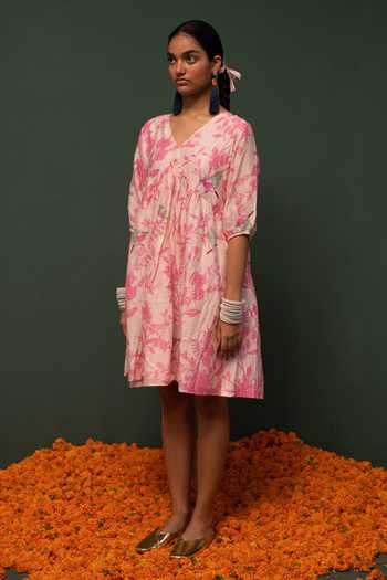 Chrkha_Pink Chanderi Silk Embroidery Floral Print Dress For Kids_Online_at_Aza_Fashions