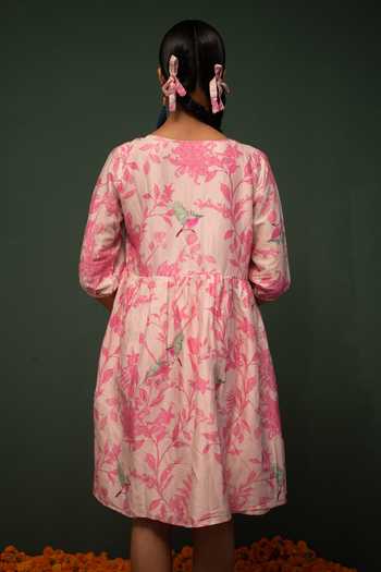 Buy_Chrkha_Pink Chanderi Silk Embroidery Floral Print Dress For Kids_Online_at_Aza_Fashions