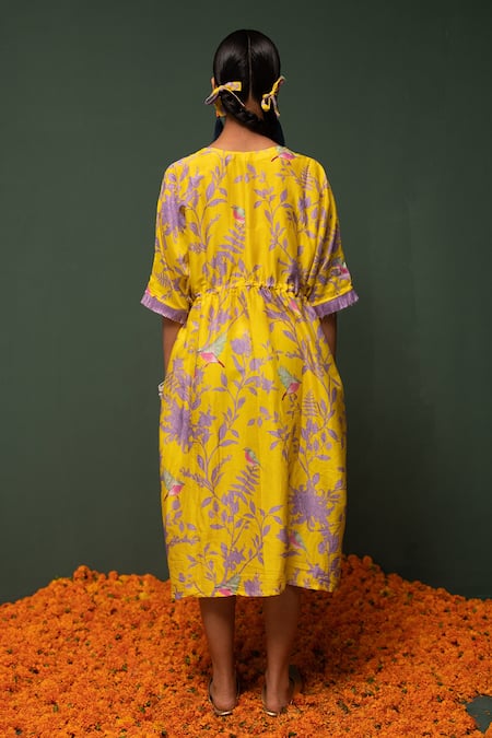 Shop Chrkha Yellow Chanderi Silk Floral V Neck Dress at Aza Fashions Shop_Chrkha_Yellow Chanderi Silk Floral V Neck Dress _at_Aza_Fashions