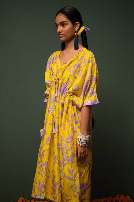Chrkha Yellow Chanderi Silk Floral V Neck Dress Online at Aza Fashions Chrkha_Yellow Chanderi Silk Floral V Neck Dress _Online_at_Aza_Fashions