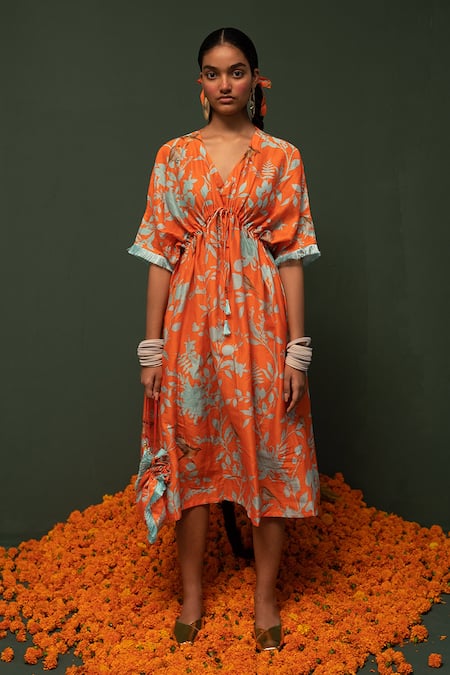 Chrkha Orange Chanderi Silk Printed Floral V Neck Dress 