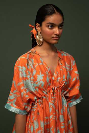 Chrkha_Orange Chanderi Silk Floral V Neck Print Dress _Online_at_Aza_Fashions