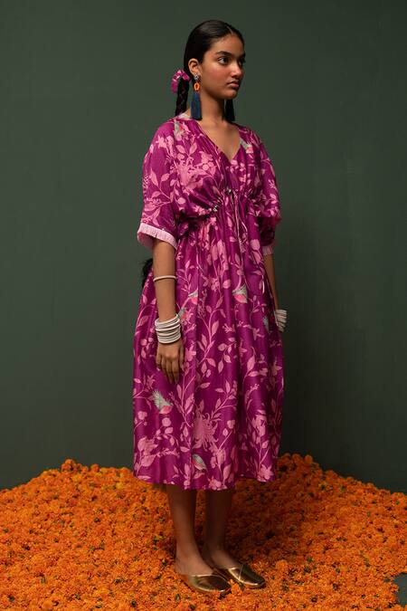 Chrkha_Pink Chanderi Silk Floral V Neck Dress _Online_at_Aza_Fashions