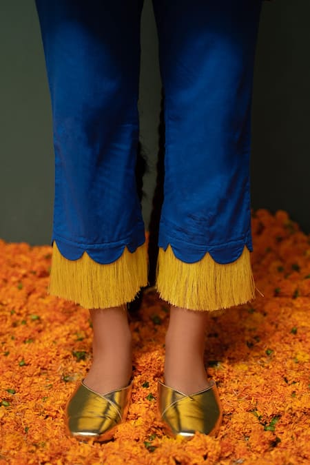 Chrkha Blue Kurta Chanderi Silk And Pant Cotton Sequin & Floral Print Scallop & Set Online at Aza Fashions Chrkha_Blue Kurta Chanderi Silk And Pant Cotton Sequin & Floral Print Scallop & Set _Online_at_Aza_Fashions