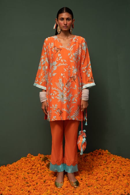 Chrkha Orange Kurta Chanderi Silk And Pant Cotton Print & Embroidery Sequin & & Set 