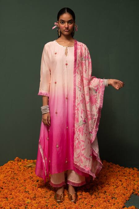 Buy Pink Kurta with Off White Pants and Peach Dupatta by Designer KORA  Online at Ogaancom