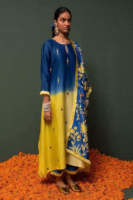 Chrkha_Blue Kurta And Dupatta Chanderi Silk & Pants Cotton Sequin, Thread Ombre Set _Online_at_Aza_Fashions