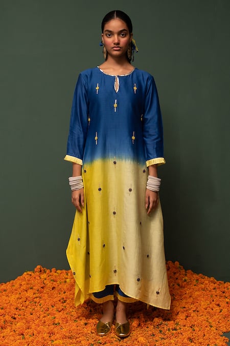 Buy_Chrkha_Blue Kurta And Dupatta Chanderi Silk & Pants Cotton Sequin, Thread Ombre Set _Online_at_Aza_Fashions