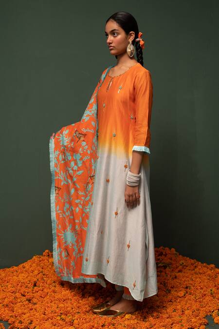 Chrkha Orange Kurta And Dupatta Chanderi Silk & Pants Cotton Sequin, Ombre Set Online at Aza Fashions Chrkha_Orange Kurta And Dupatta Chanderi Silk & Pants Cotton Sequin, Ombre Set _Online_at_Aza_Fashions