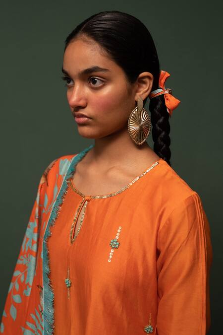Chrkha Orange Kurta And Dupatta Chanderi Silk & Pants Cotton Sequin, Ombre Set at Aza Fashions Chrkha_Orange Kurta And Dupatta Chanderi Silk & Pants Cotton Sequin, Ombre Set _at_Aza_Fashions