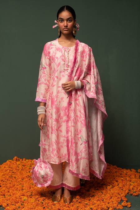 Buy Pink Chanderi Silk Printed Floral Round Kurta Set For Women by ...