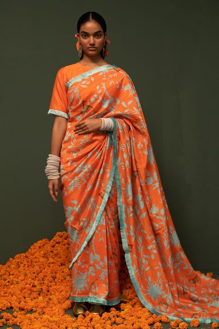Chrkha Orange Chanderi Silk Printed Floral Saree