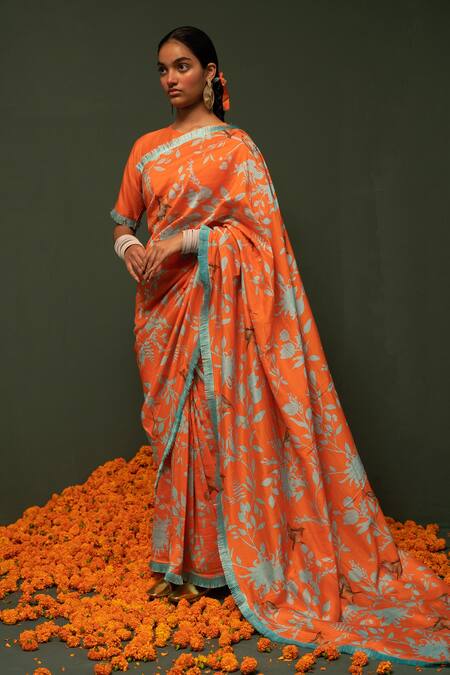Chrkha_Orange Chanderi Silk Printed Floral Saree _Online_at_Aza_Fashions