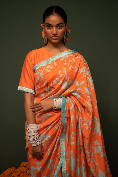 Buy_Chrkha_Orange Chanderi Silk Printed Floral Saree _Online_at_Aza_Fashions