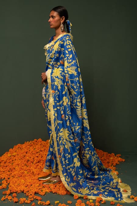 Chrkha_Blue Chanderi Silk Floral Saree _Online_at_Aza_Fashions