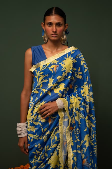 Buy_Chrkha_Blue Chanderi Silk Floral Saree _Online_at_Aza_Fashions