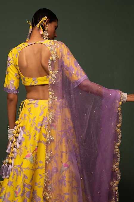 Shop Chrkha Yellow , Organza Bird, Floral, Sequin V Neck Print Lehenga Set at Aza Fashions Shop_Chrkha_Yellow , Organza Bird, Floral, Sequin V Neck Print Lehenga Set _at_Aza_Fashions