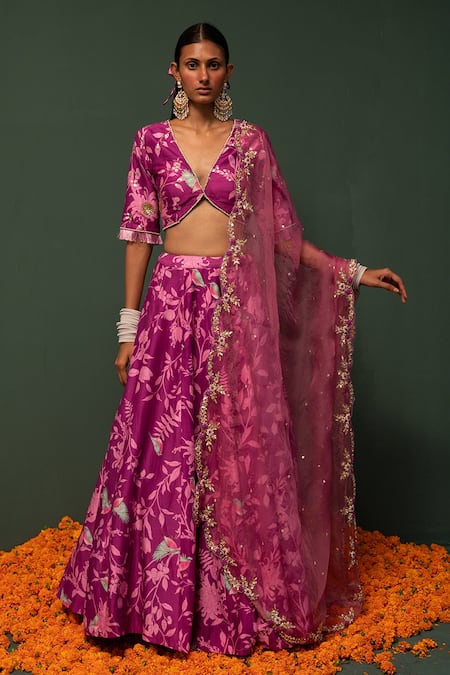 Chrkha Pink Silk Printed Floral V Neck Lehenga Set 