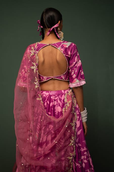 Shop_Chrkha_Pink , Organza Bird, Floral, Sequin V Neck Print Lehenga Set _at_Aza_Fashions