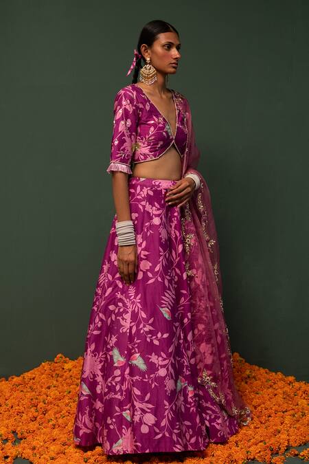 Chrkha_Pink , Organza Bird, Floral, Sequin V Neck Print Lehenga Set _Online_at_Aza_Fashions