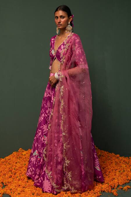 Buy_Chrkha_Pink , Organza Bird, Floral, Sequin V Neck Print Lehenga Set _Online_at_Aza_Fashions