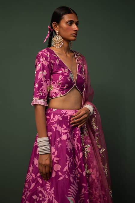 Shop_Chrkha_Pink , Organza Bird, Floral, Sequin V Neck Print Lehenga Set _Online_at_Aza_Fashions