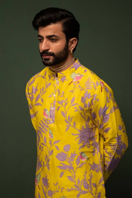 Chrkha_Yellow Kurta Chanderi Silk And Pant Cotton Satin Floral Print & Set _Online_at_Aza_Fashions