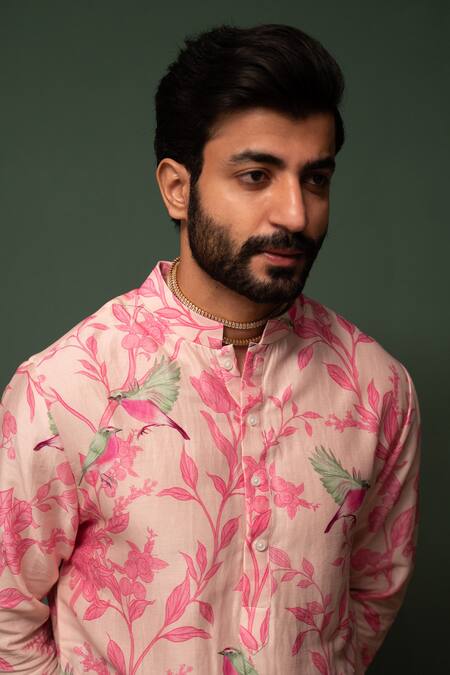 Chrkha_Pink Kurta Chanderi Silk And Pant Cotton Satin Floral Print & Set _Online_at_Aza_Fashions