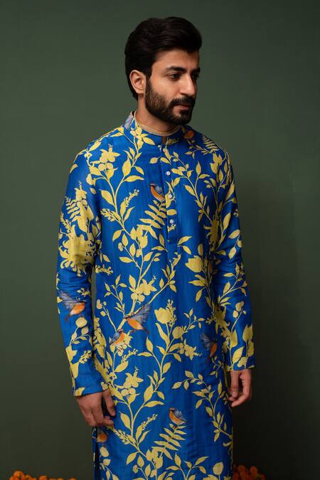 Chrkha Blue Kurta Chanderi Silk And Pant Cotton Satin Floral Print & Set Online at Aza Fashions Chrkha_Blue Kurta Chanderi Silk And Pant Cotton Satin Floral Print & Set _Online_at_Aza_Fashions