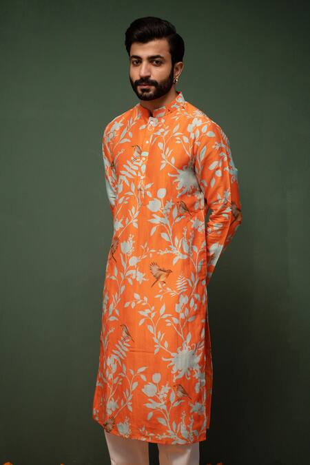 Chrkha_Orange Kurta Chanderi Silk And Pant Cotton Satin Floral Print & Set _Online_at_Aza_Fashions