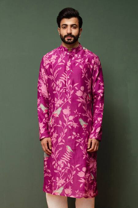 Chrkha_Pink Kurta Chanderi Silk And Pant Cotton Satin Floral Print & Set _Online_at_Aza_Fashions