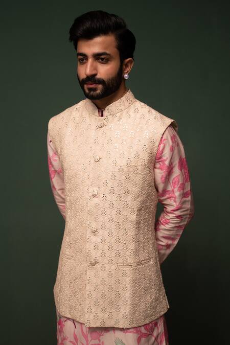Chrkha_Pink Kurta And Nehru Jacket Chanderi Silk & Pant Cotton Satin Mirror Bundi Set _Online_at_Aza_Fashions