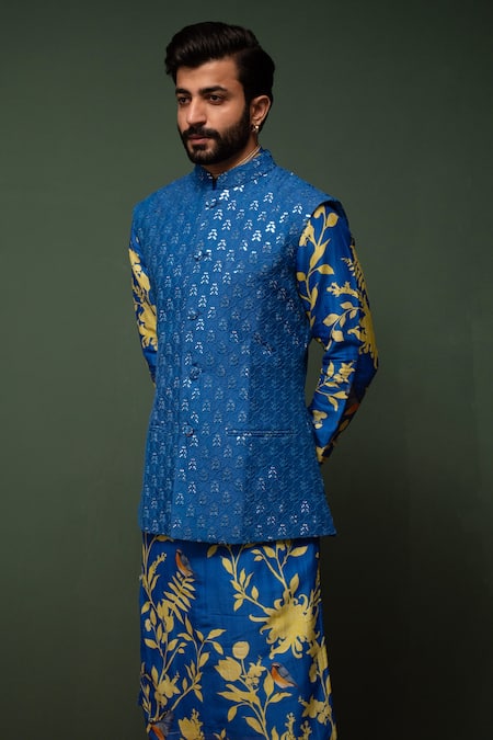 Chrkha_Blue Kurta And Nehru Jacket Chanderi Silk & Pant Cotton Satin Mirror Bundi Set _Online_at_Aza_Fashions