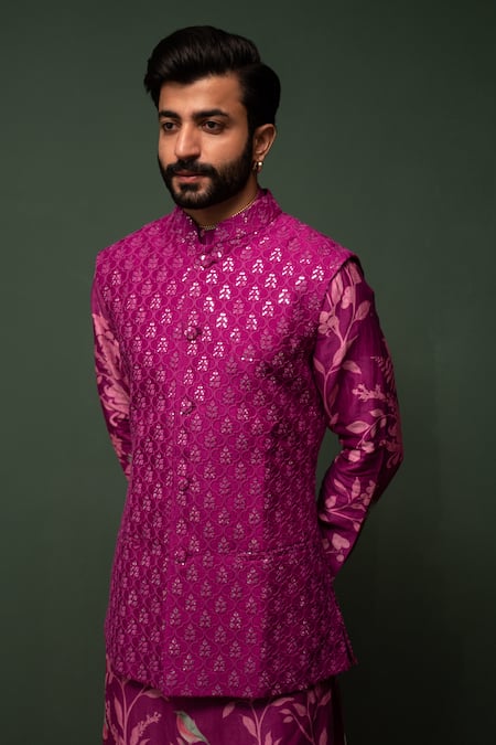 Chrkha_Pink Kurta And Nehru Jacket Chanderi Silk & Pant Cotton Satin Mirror Bundi Set _Online_at_Aza_Fashions
