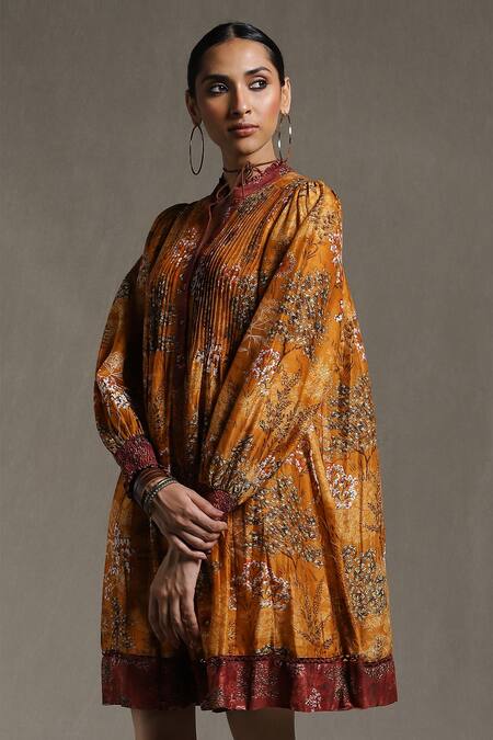 Buy_Ritu Kumar_Yellow Sushi Voile Floral Motifs Band Collar Print Dress_Online_at_Aza_Fashions