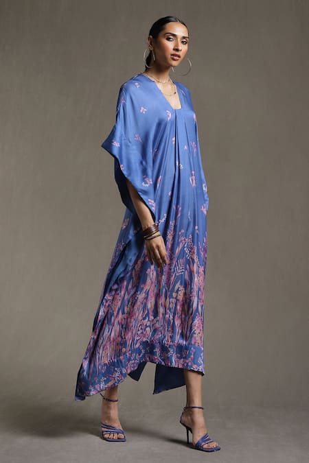 Ritu Kumar_Blue Dehri Satin Floral Motifs V Neck Botanical Print Kaftan Dress_Online_at_Aza_Fashions