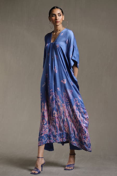 Buy_Ritu Kumar_Blue Dehri Satin Floral Motifs V Neck Botanical Print Kaftan Dress_Online_at_Aza_Fashions