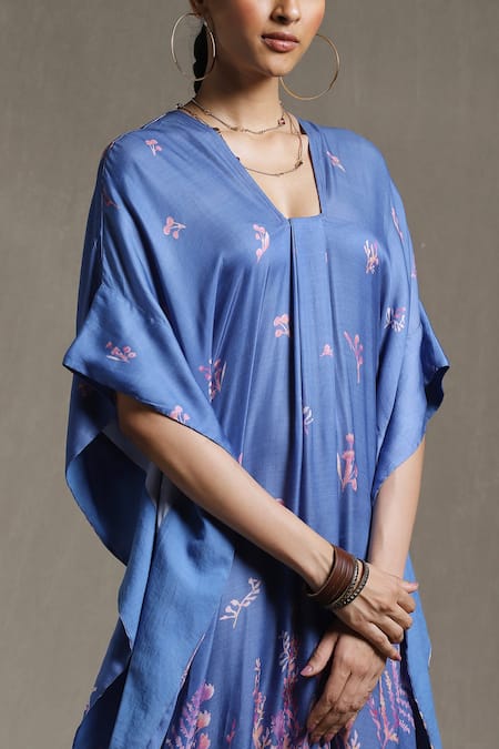 Shop_Ritu Kumar_Blue Dehri Satin Floral Motifs V Neck Botanical Print Kaftan Dress_Online_at_Aza_Fashions