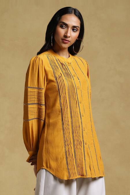 Ritu Kumar_Yellow Vintage Crepe Lace Collared Neck Embellished Kurti_Online_at_Aza_Fashions