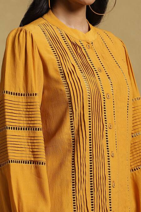 Shop_Ritu Kumar_Yellow Vintage Crepe Lace Collared Neck Embellished Kurti_Online_at_Aza_Fashions