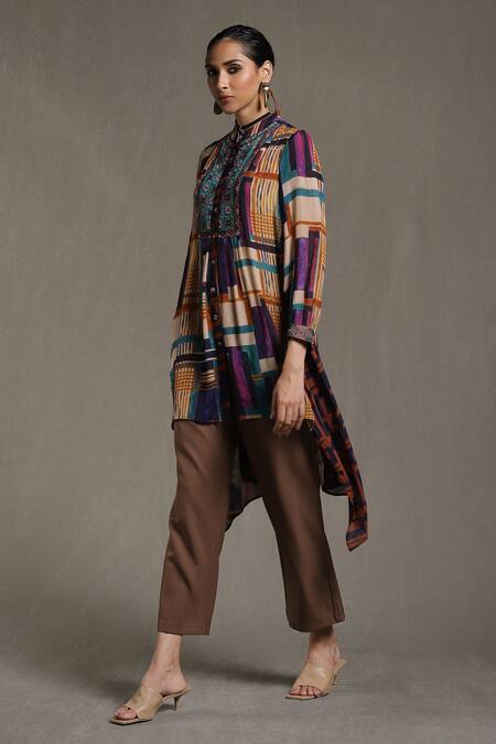 Buy_Ritu Kumar_Multi Color Viscose Chinon Geometric Motifs Band Collar Print Kurti_Online_at_Aza_Fashions