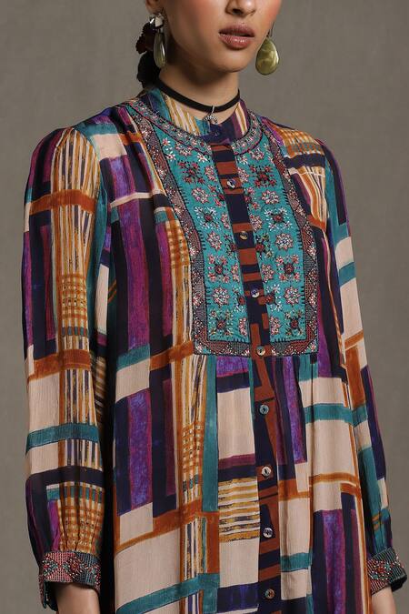 Shop_Ritu Kumar_Multi Color Viscose Chinon Geometric Motifs Band Collar Print Kurti_Online_at_Aza_Fashions