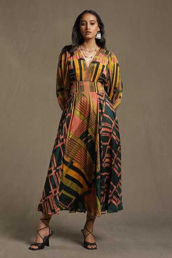 Buy Multi Color Viscose Chinon Printed Geometric Motifs V Neck Dress ...